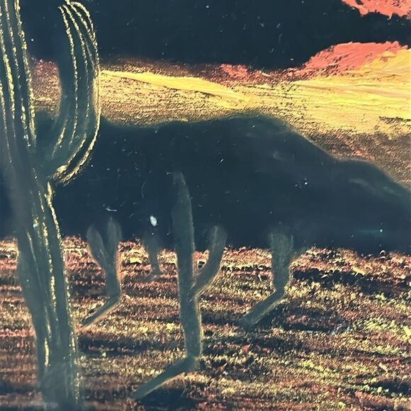 Vintage Desert Sunset Black Velvet Painting Wooden Framed Desert Landscape - Picture 9 of 17